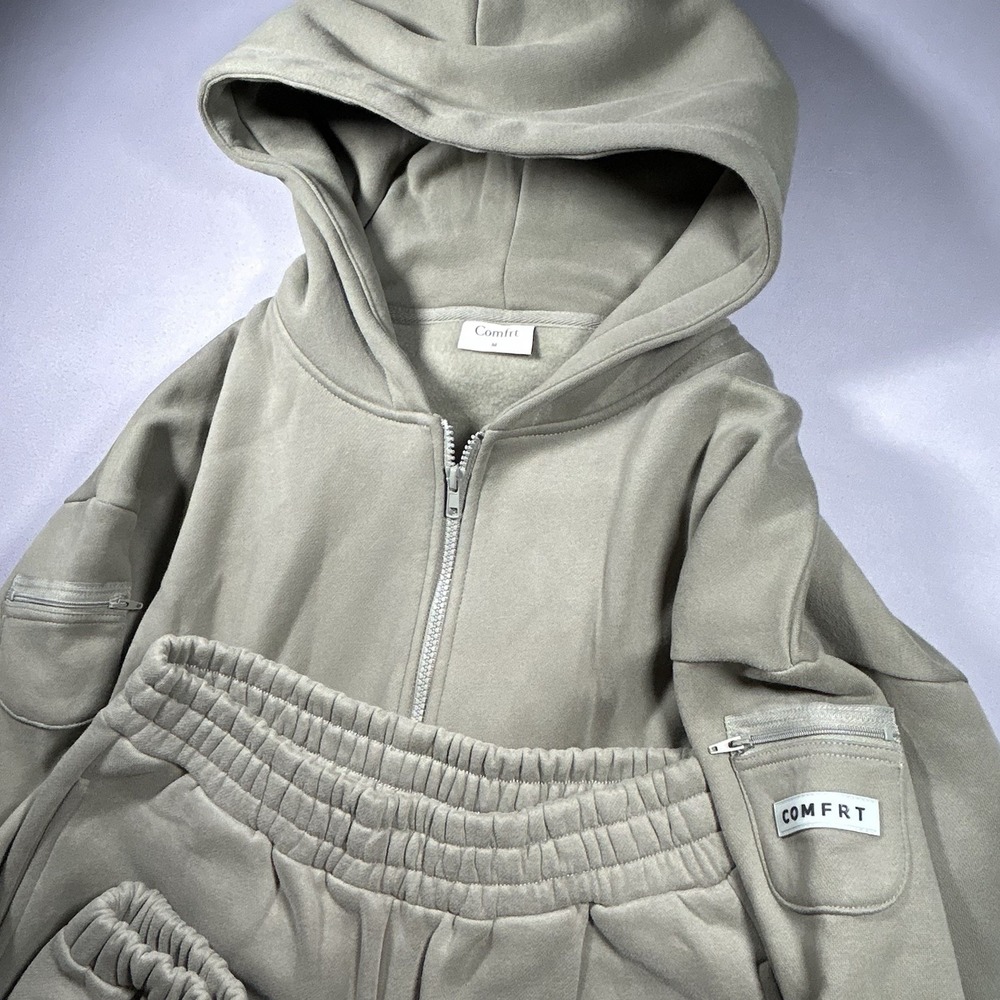 COMFRT Sweatsuit 2pc Set Green Full Zip Hoodie Jogger M S Sage Olive Fleece